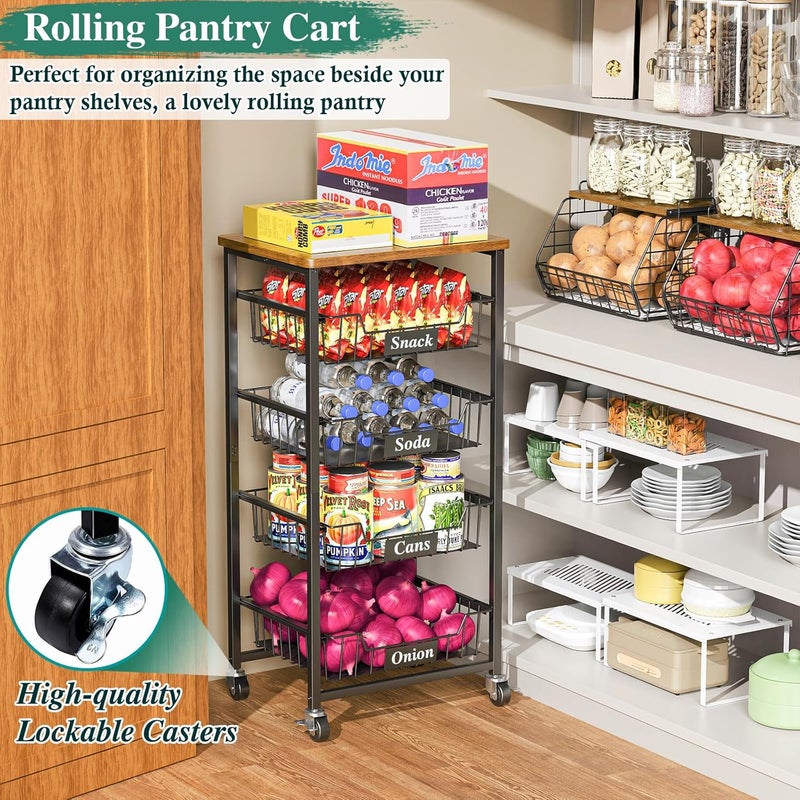 OKZEST Fruit Basket, 5-Tier Utility Kitchen Organizer and Storage Cart with Pull-Out Baskets and Wood Top, Rolling Pantry Kitchen Cart on Wheels for Fruit Potato Onion Vegetable Snack Produce - Image 3
